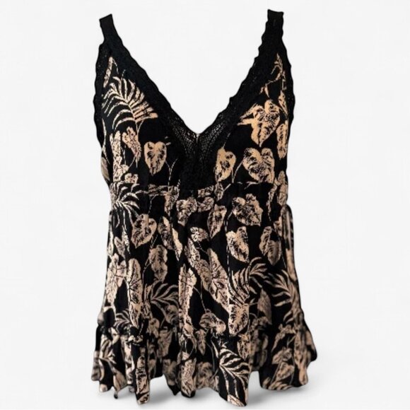 Angie Babydoll Cami Top S Black Cream Leaf Print Ruffle Peplum Adj Waist NEW - Picture 1 of 6